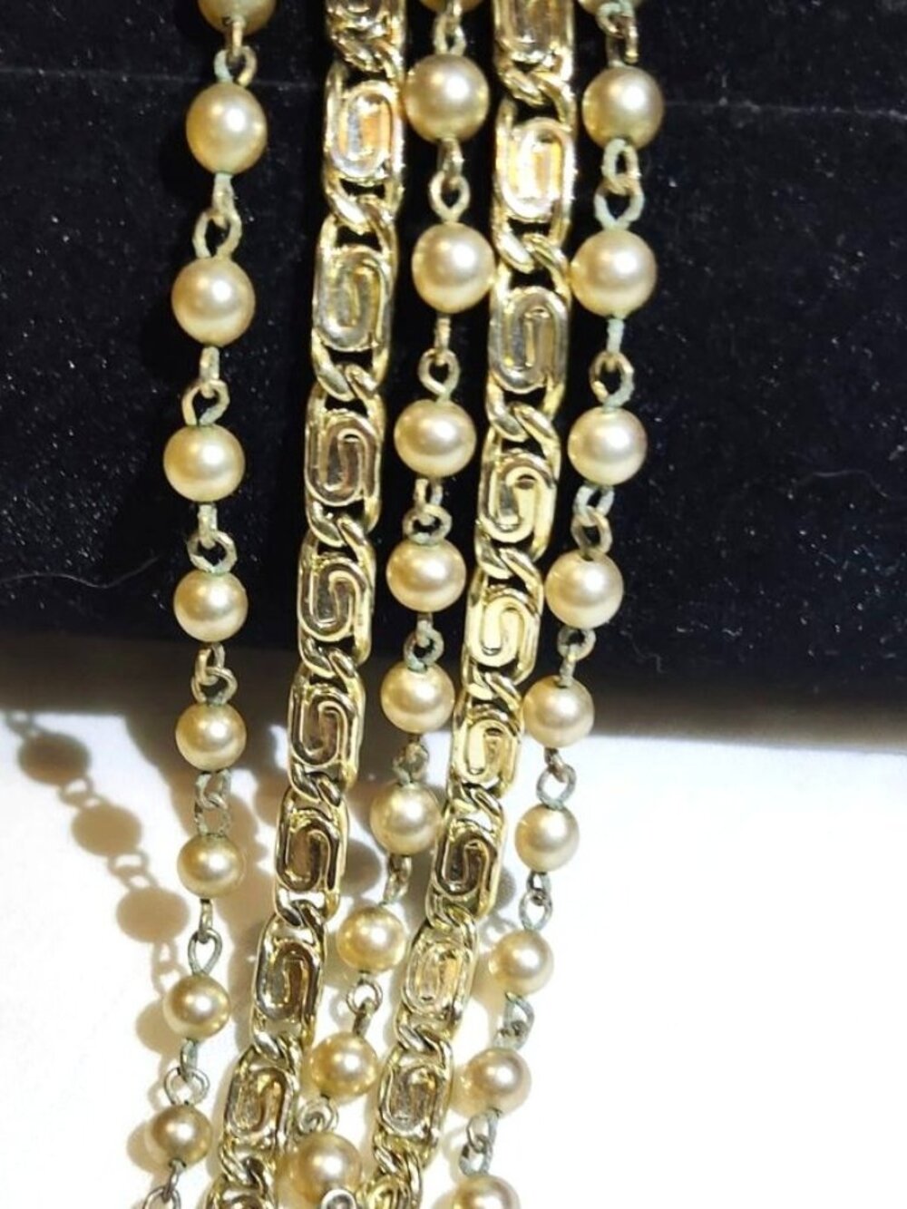 Vintage Lisner 5-Strand Faux Pearl & Gold Tone Greek Chain Bracelet  Dainty Femi
